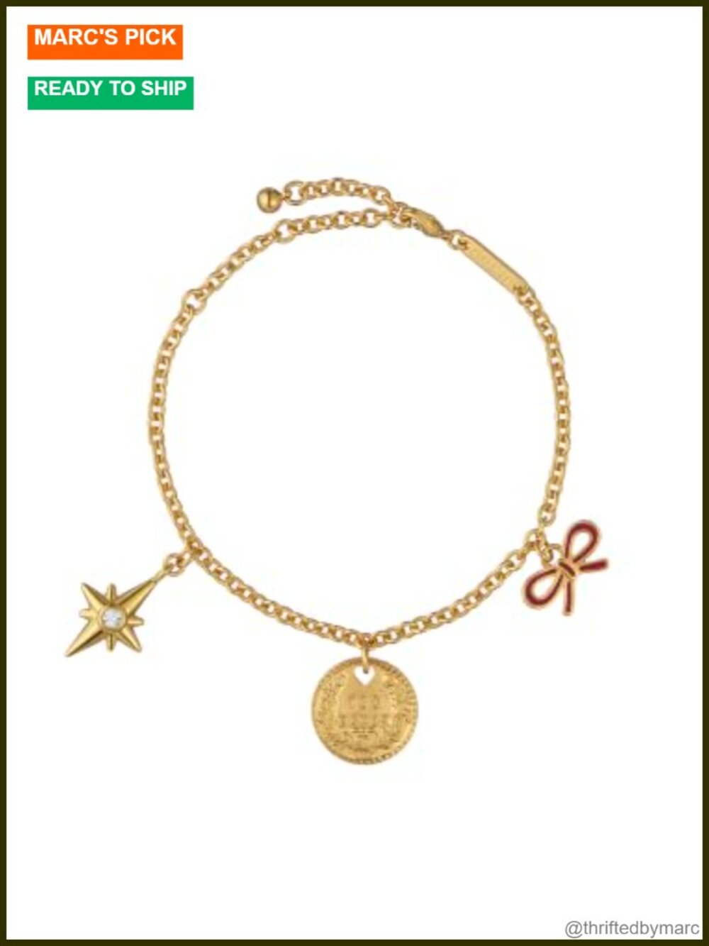 Gold Tone Plated Brass Adjustable Charm Bracelet with Crystal